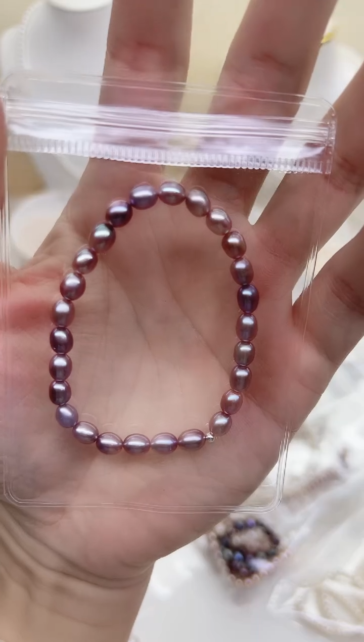 银S925镶嵌手链淡水珍珠深紫色小米5mm