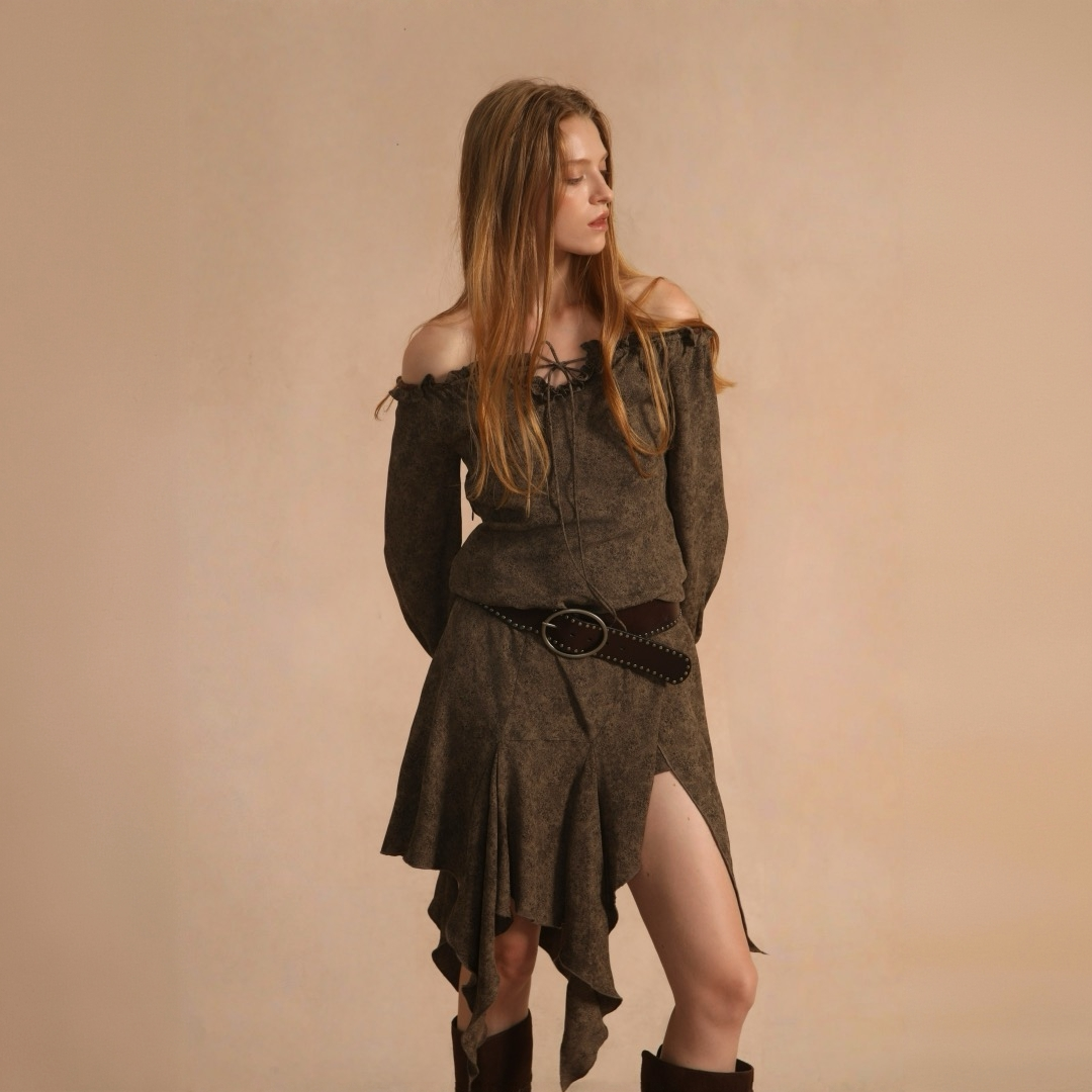 【BY TRIOTRIO】noundnound三醋酸复古碎花露肩不规则下摆连衣裙