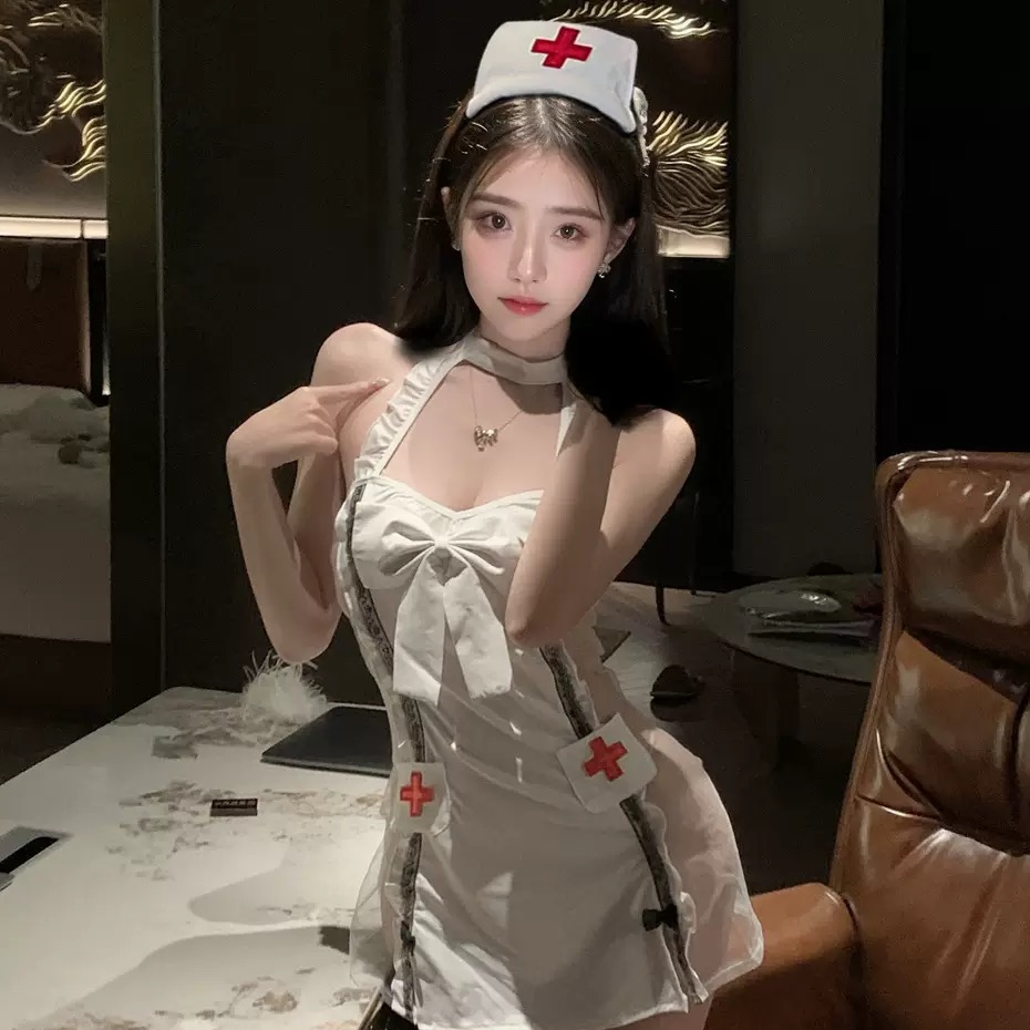 【未央】超短裙性感镂空薄款透气蕾丝睡裙露背裙子无袖甜美护士夏季