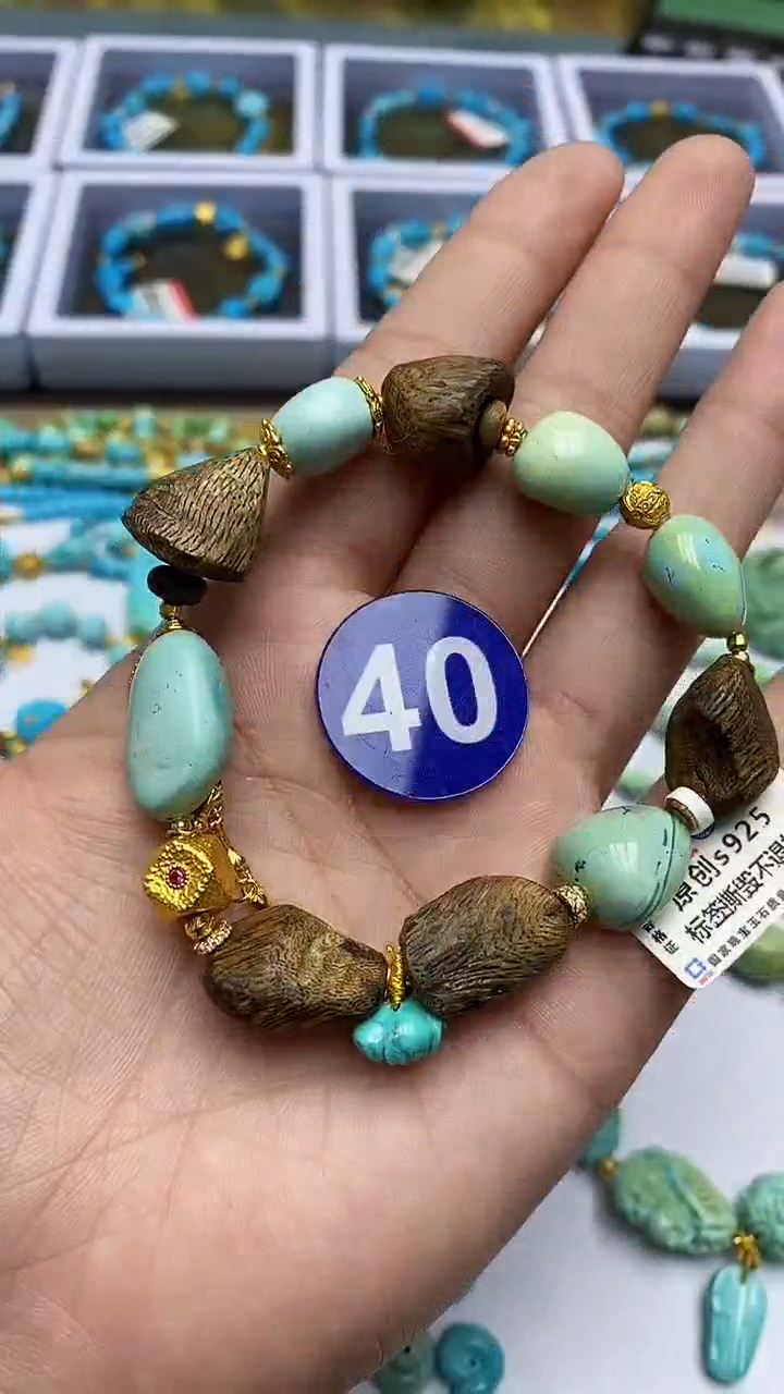 绿松石银S925镶嵌手链40