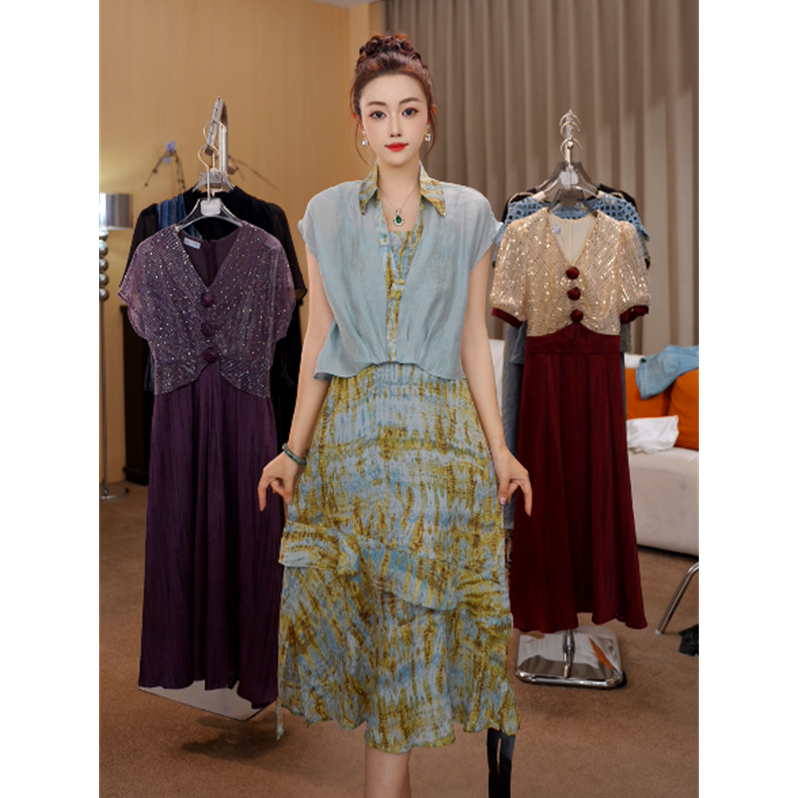 G6701法式气质职业撞色边短袖衬衫碎花荷叶边包臀半身裙时尚套装