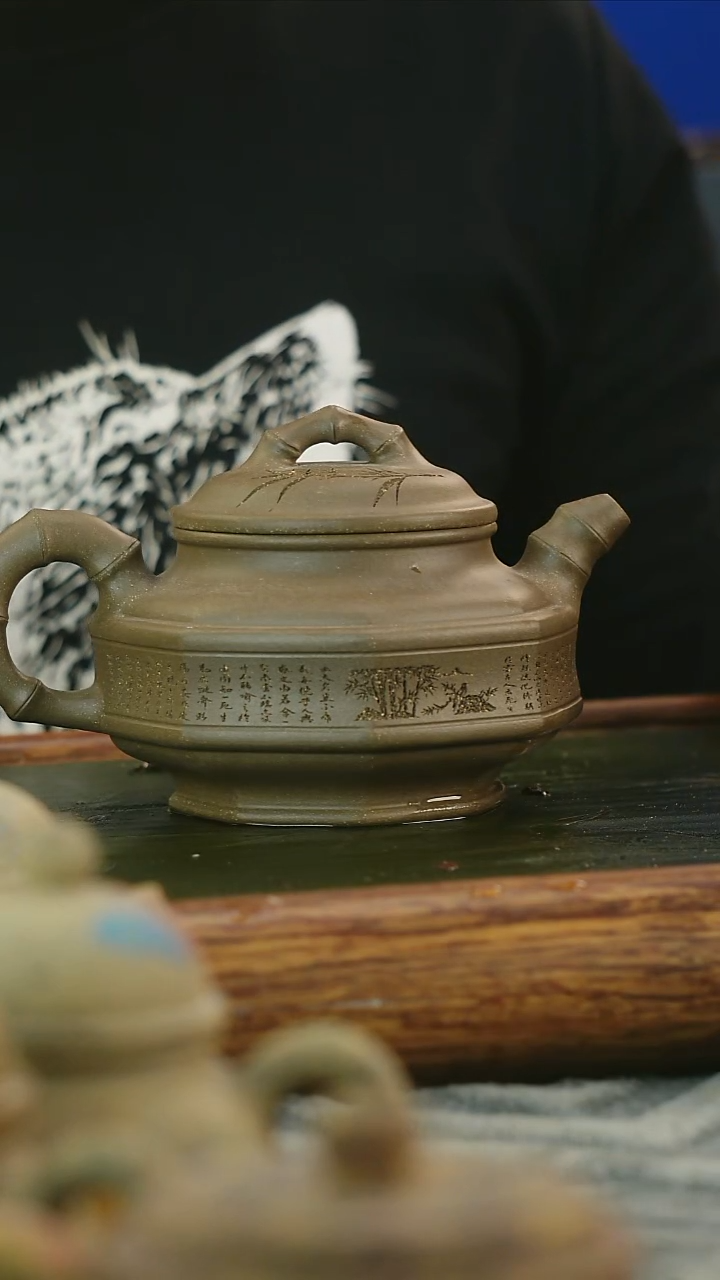 茶壶紫砂老青段刻绘方器双线竹鼓