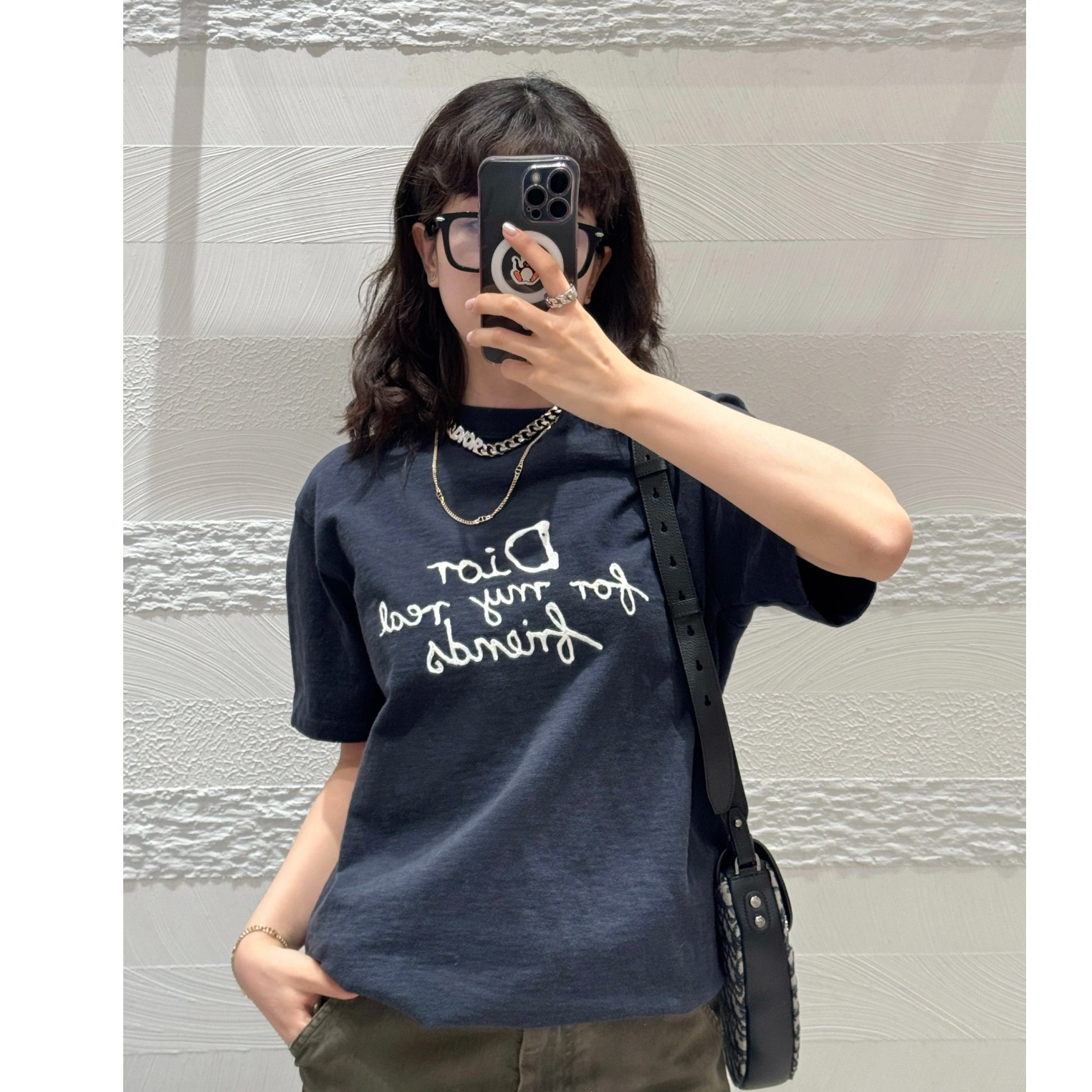 未使用 DIOR/迪奥 Dior 字母刺绣破洞短袖T恤 灰黑M
