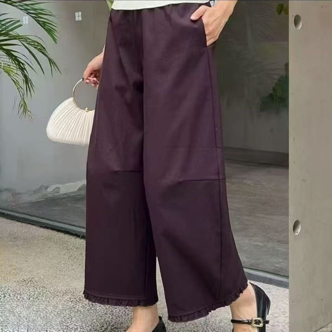 372气质百搭时尚秋季木耳边阔腿裤休闲裤中式宽松复古春夏