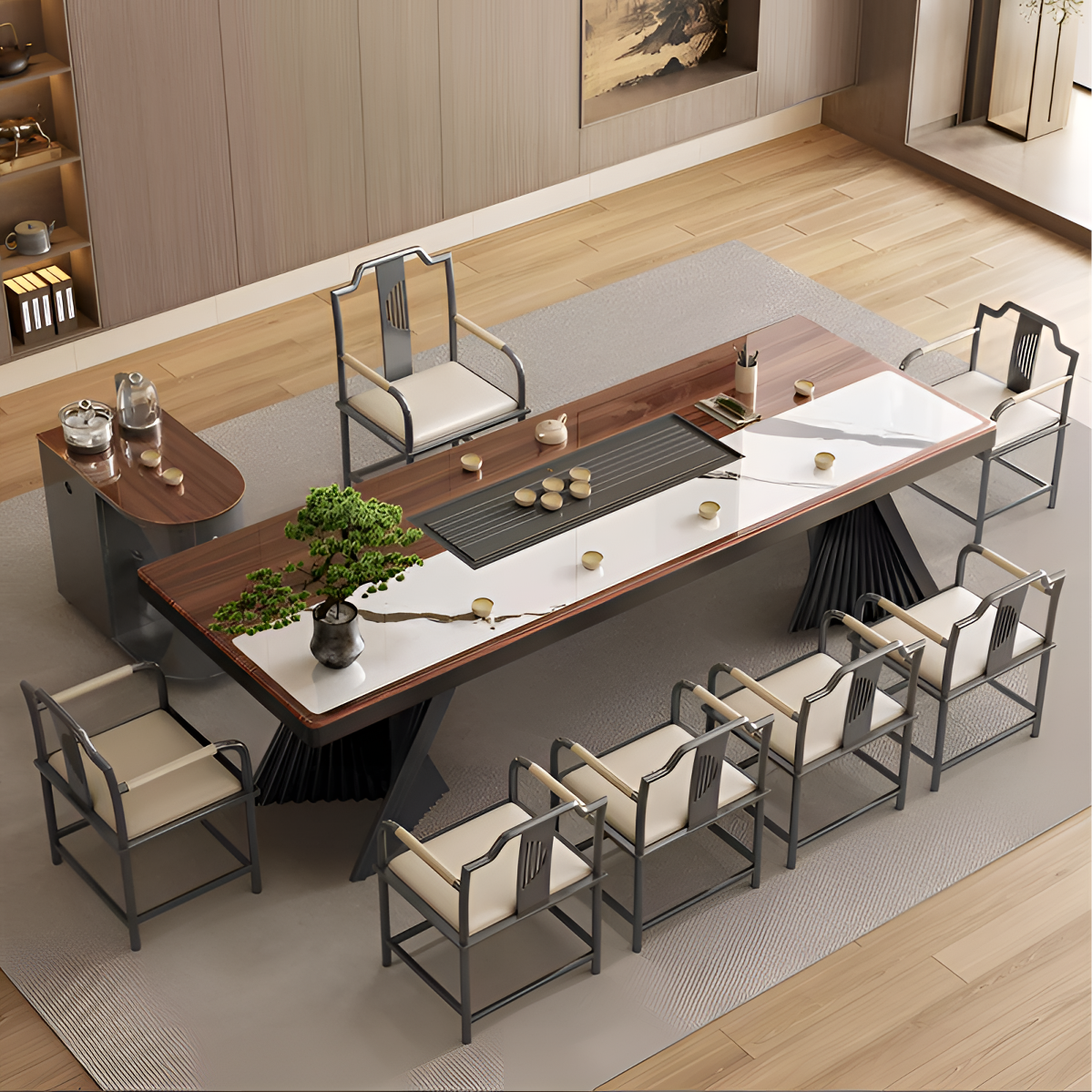 高端木纹双拼超晶石茶桌椅茶台家用客厅阳台办公室泡茶桌