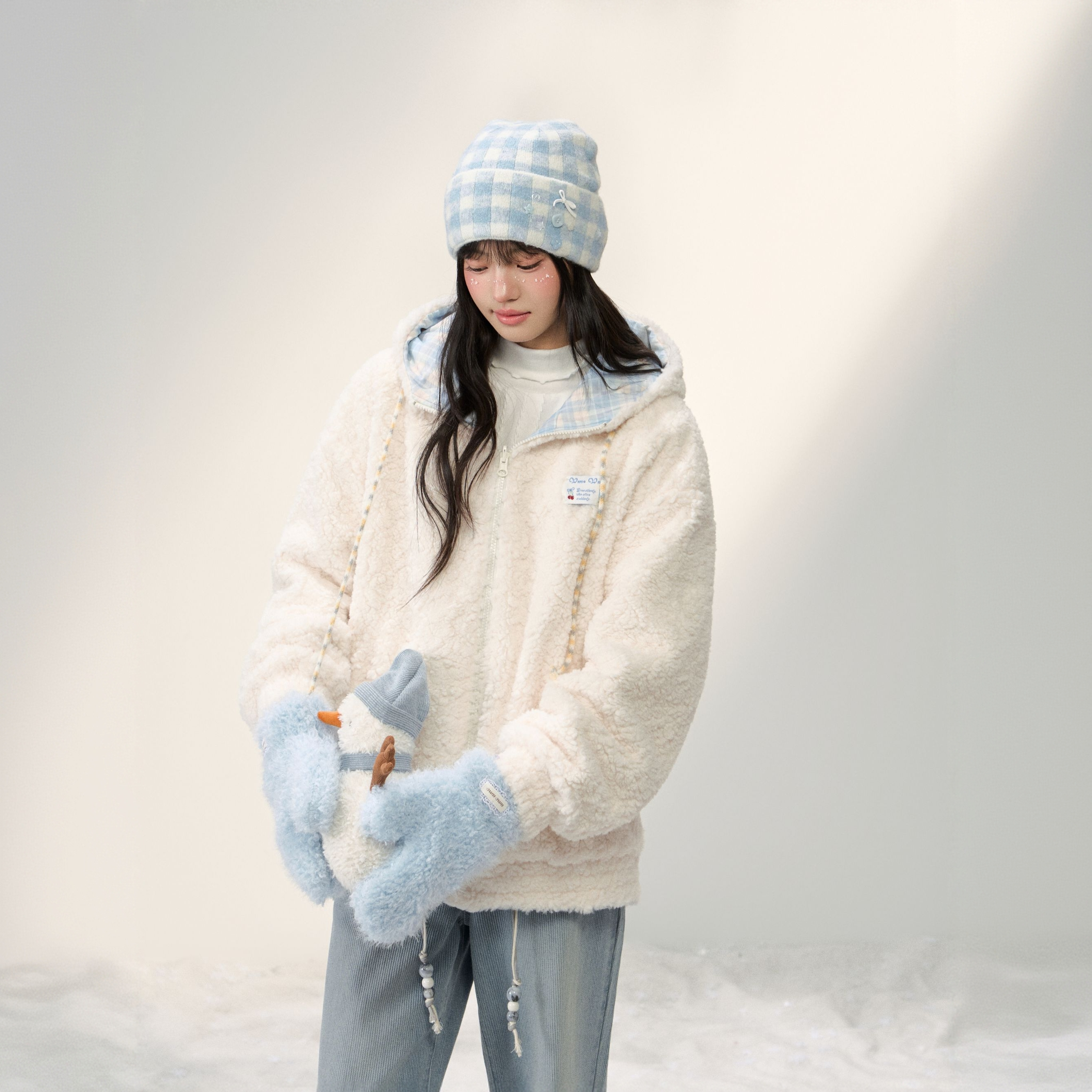 umoumo乌蘑原创设计正反穿耳朵毛绒格子棉外套UMOWT141217
