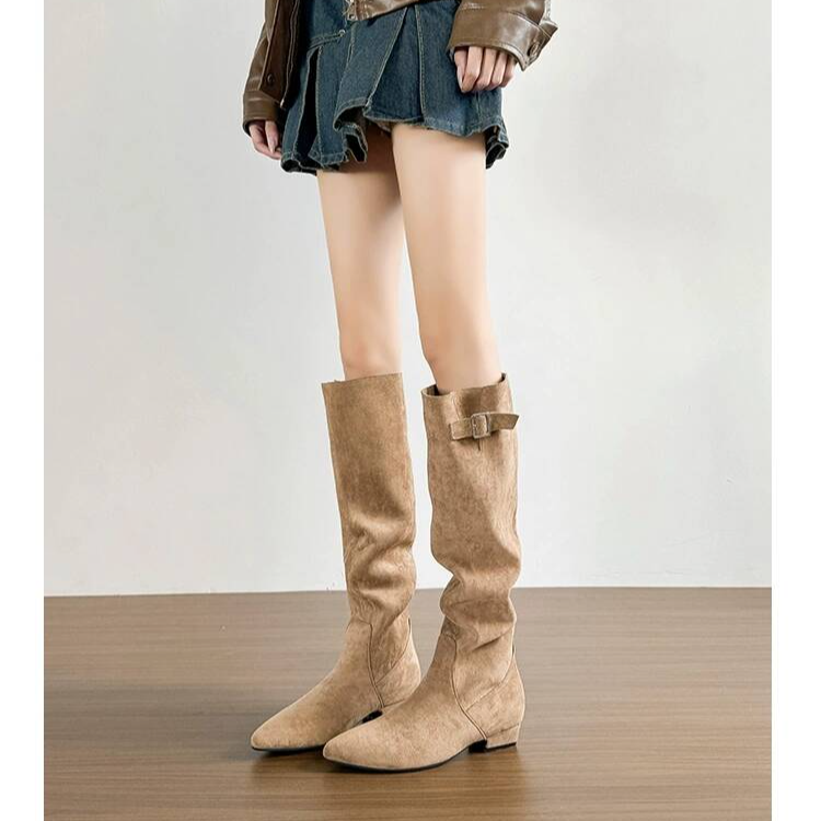 羊皮版~慵懒感长筒靴女秋冬季复古堆堆靴法式尖头显瘦高筒靴长靴