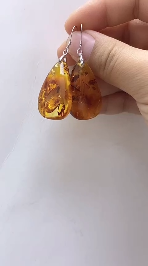 【闪购商品】琥珀裸石银S925镶嵌花珀耳坠