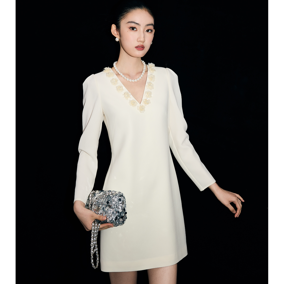 【达人专属】MandyZhang醋酸轻礼服连衣裙女钉珠长裙子MQZ5747