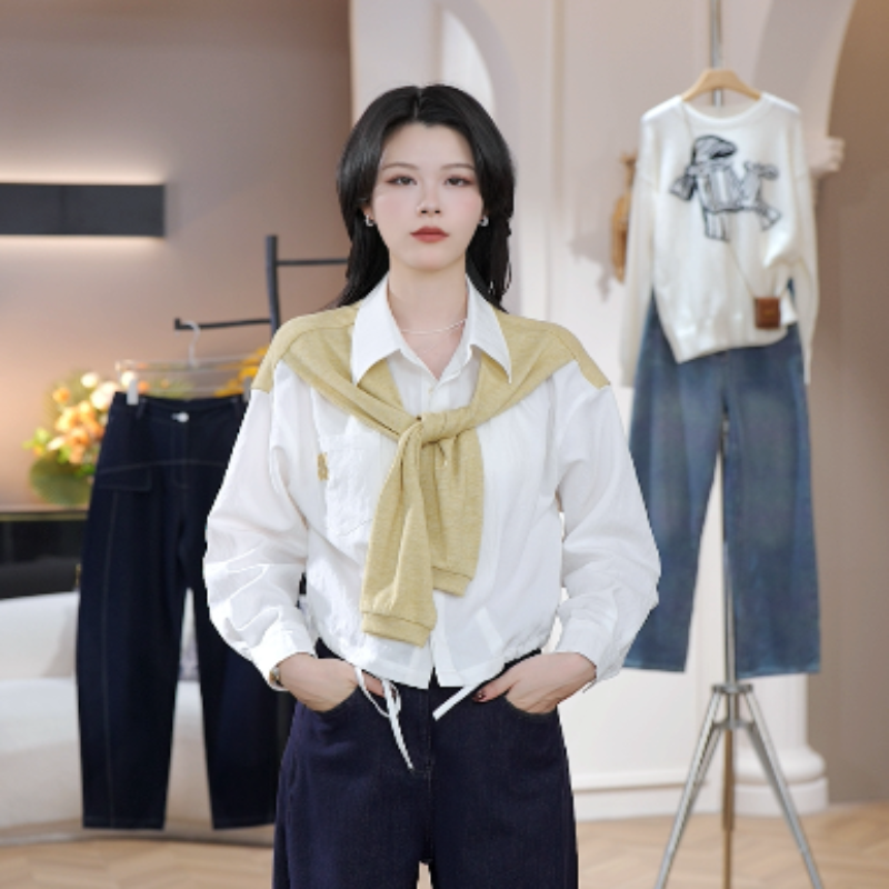 CYM1995简约宽松白色衬衫女2025早秋新款配披肩上衣