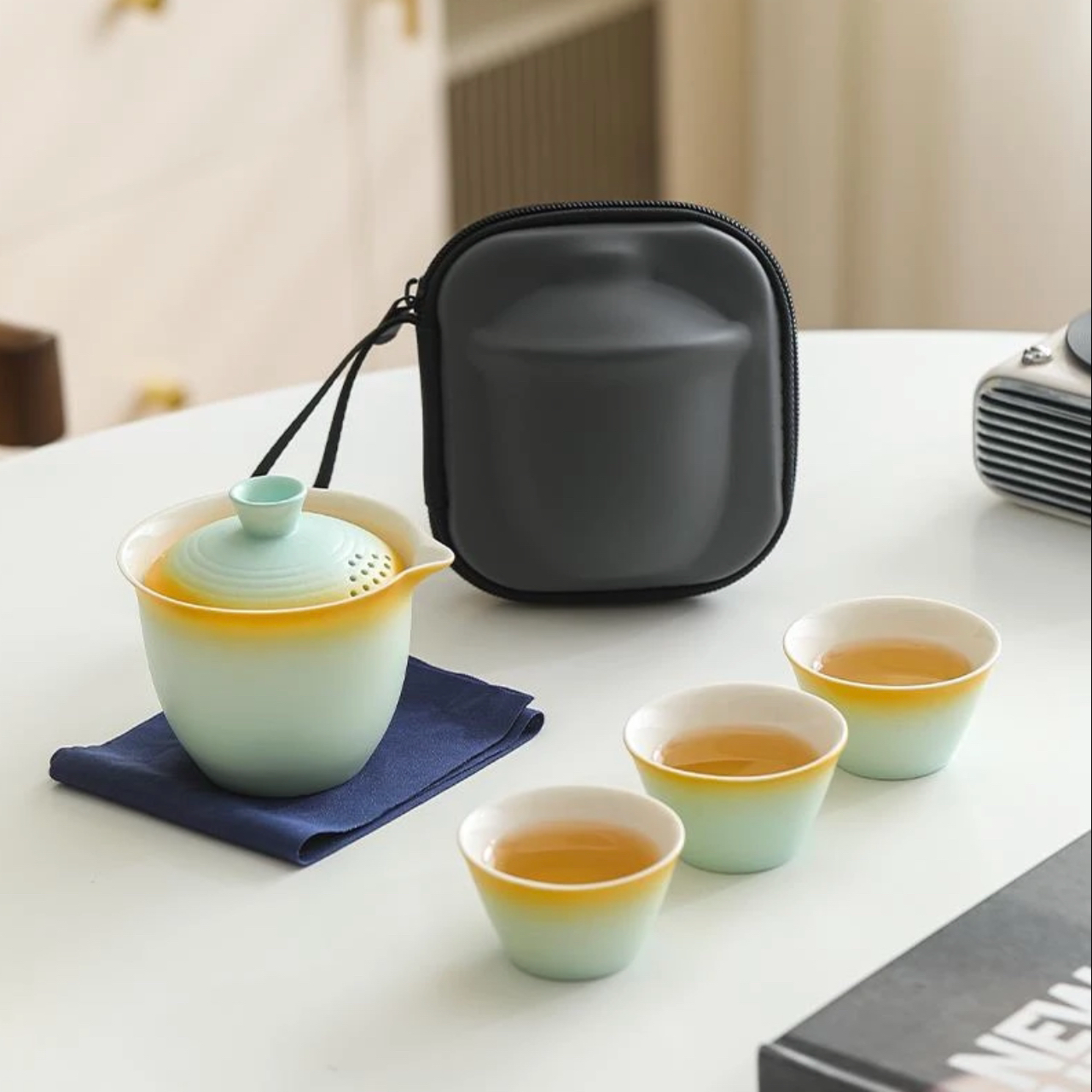 路宝渐变黄 快客杯旅行茶具一壶三杯盖碗小套户外功夫套装泡