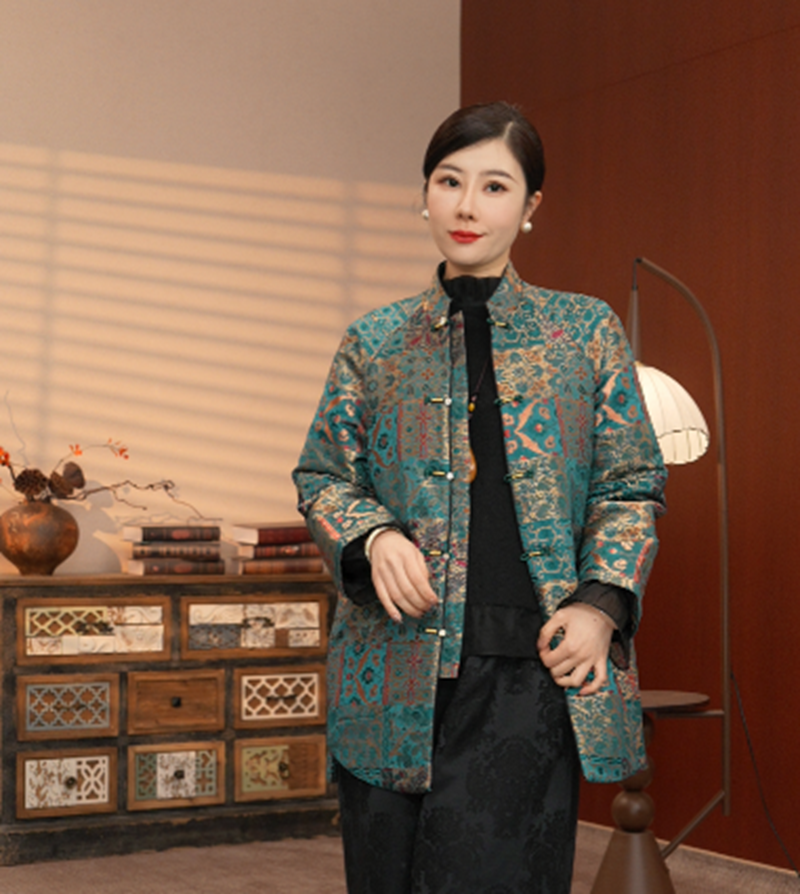 2580-【翠曼格中长款】新中式国风提花外套女冬款时尚棉服