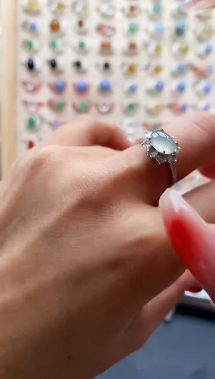 【闪购商品】翡翠戒指银S925镶嵌缅甸天然A货翡翠111 2+8