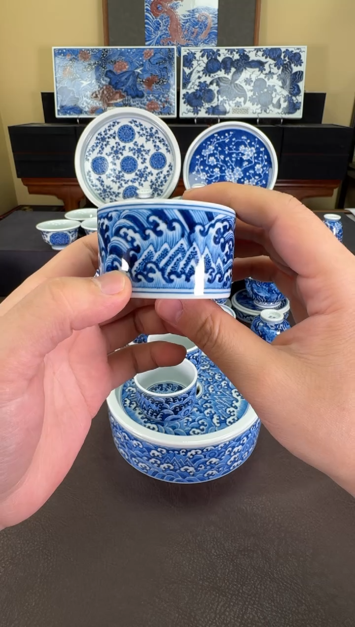【闪购商品】瓷片羿器窑海水江涯纹扳指杯