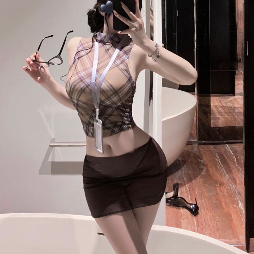 甜心家*125斤 带胸牌格纹包裙套装睡衣家居服