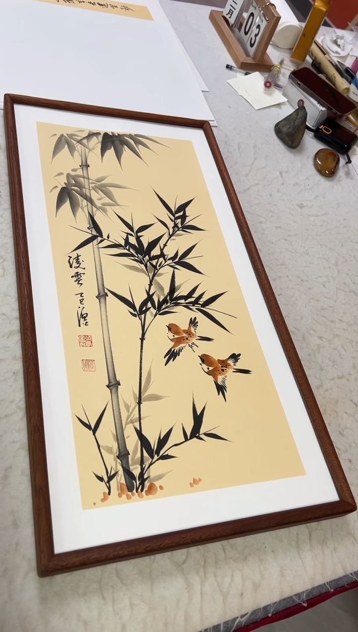 书法张富民手绘作品/凌云//古宣（乌檀木外框）36*69cm左右