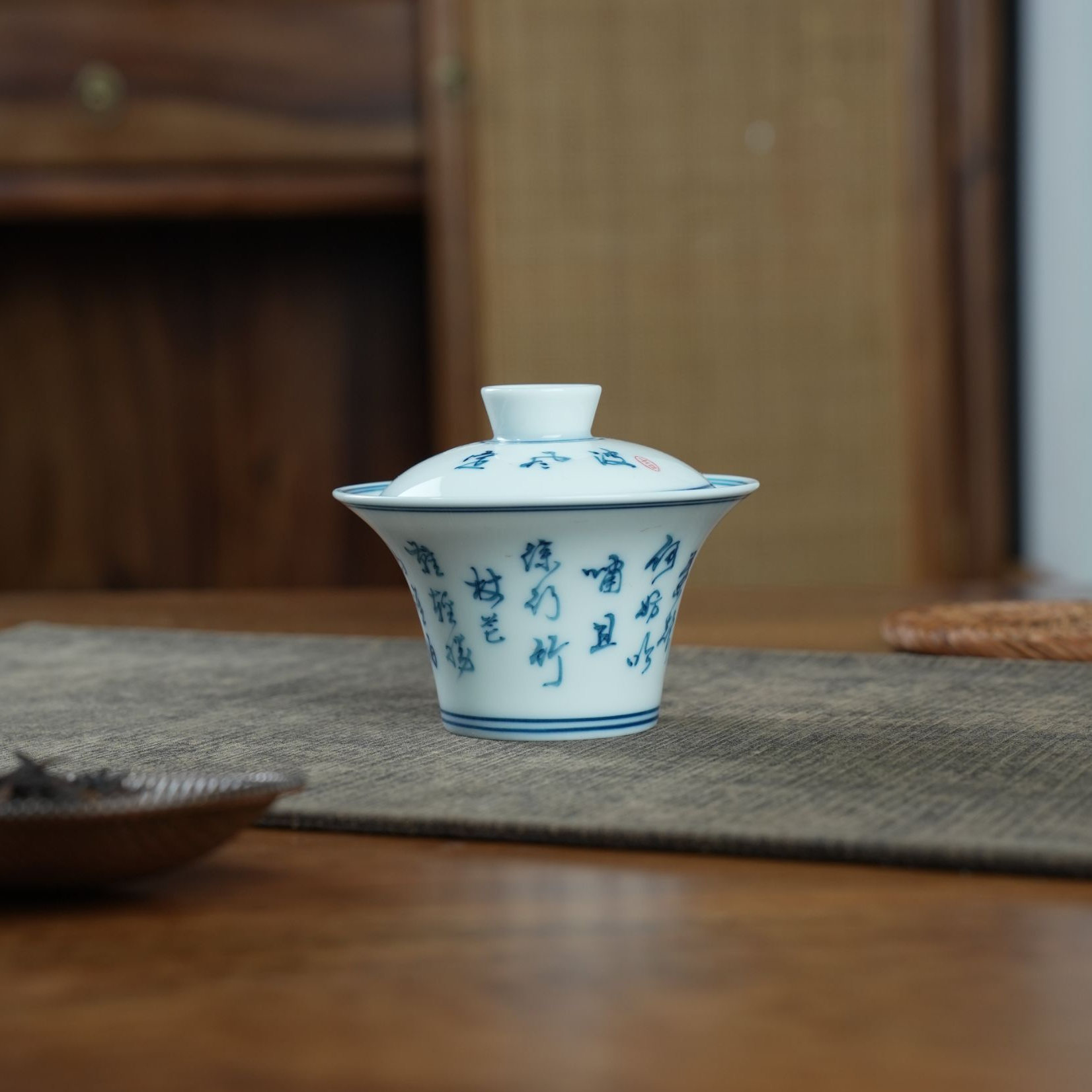 一善堂纯手绘高温釉下彩定风波二才马蹄茶盖碗