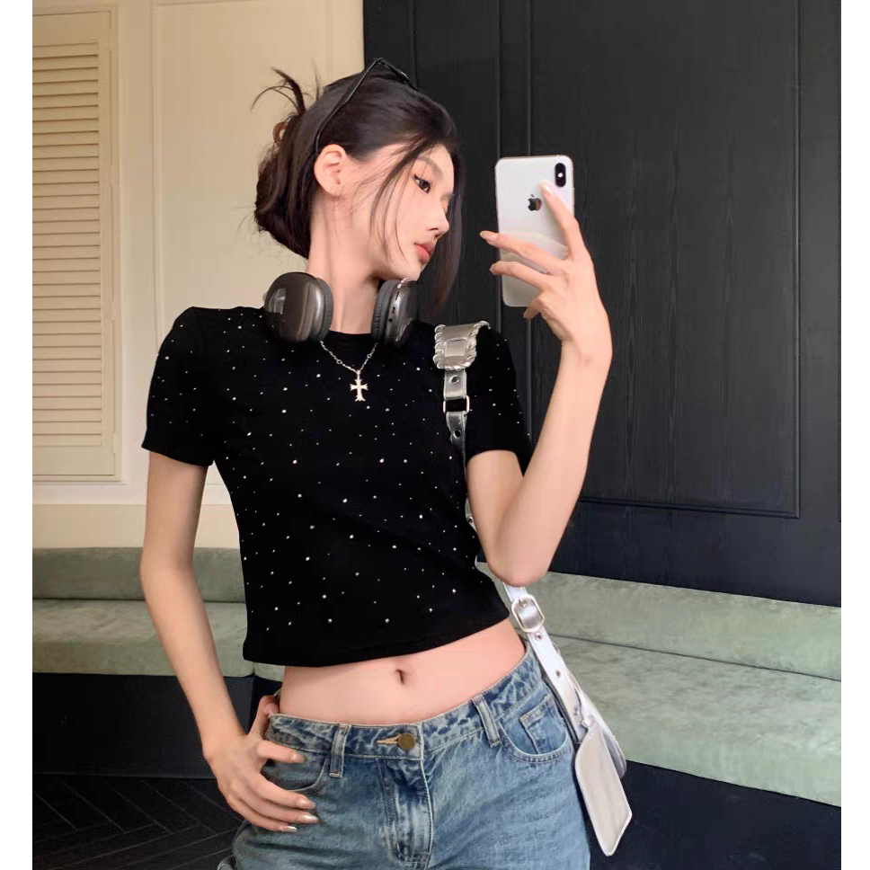 L349重工烫钻辣妹短款正肩短袖t恤女春夏设计小众美式修身上衣