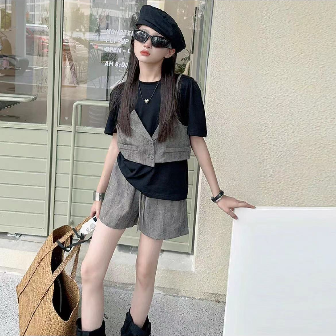 409062《现》优选夏季韩版儿童舒适时尚假两件百搭套装