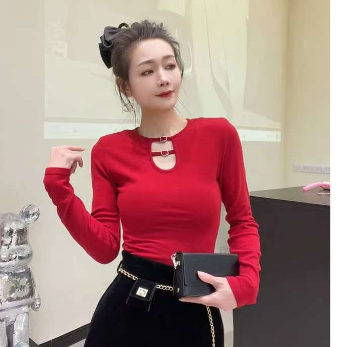 [春歌]新年红纯色T恤胸前小镂空上衣女百搭修身T恤时尚圆领显瘦女