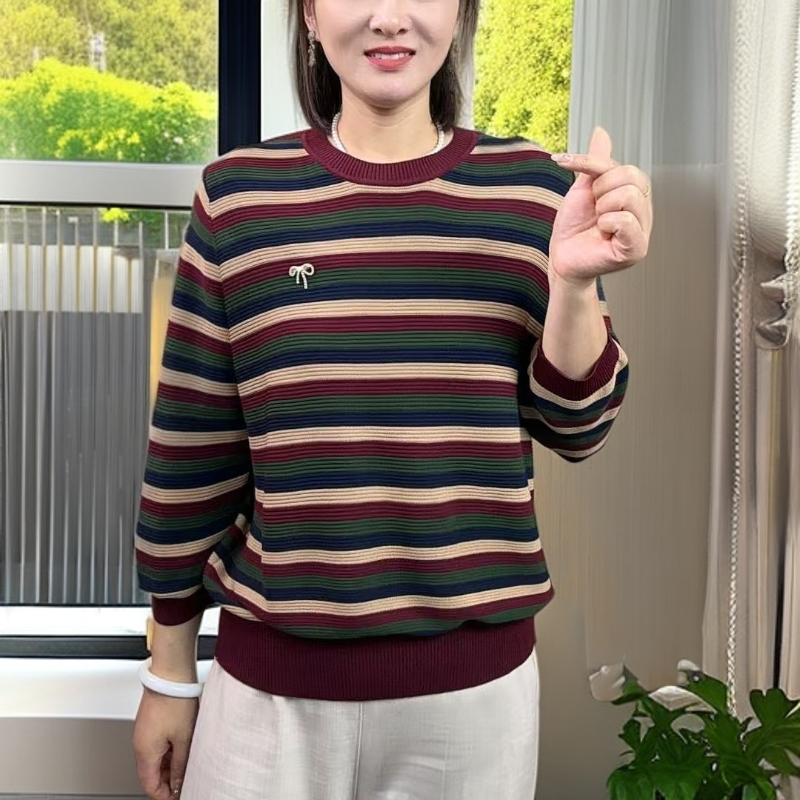 秋季条纹衫女宽松型长袖针织衫圆领不褪色长袖