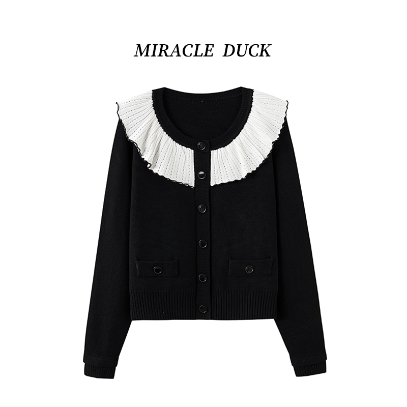 1号【玄夜褶梦】春秋冬新款撞色娃娃领黑色厚款长袖针织开衫C1759