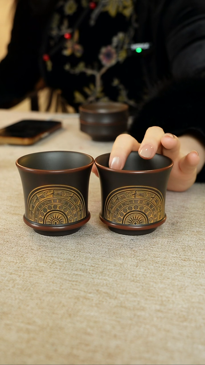 略****?广西钦州坭兴陶铜鼓主人杯一对两个100ml*2