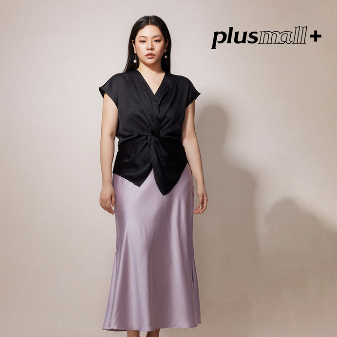 PLUSMALL南法人鱼姬 法式仿醋酸缎面扭结上衣鱼尾裙套装PM2506043