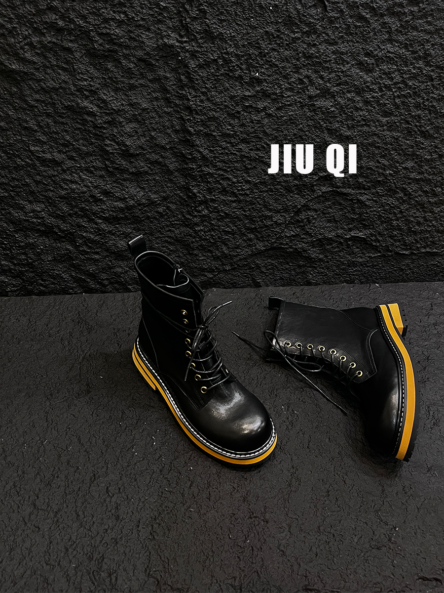 JQ· 圆头春秋短筒系带马丁靴靴子厚底黑色短靴休闲