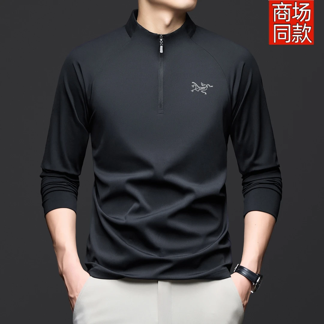奥莱撤柜 始牌刺绣鸟春秋男士长袖T恤运动透气立领半拉链户外衬衫