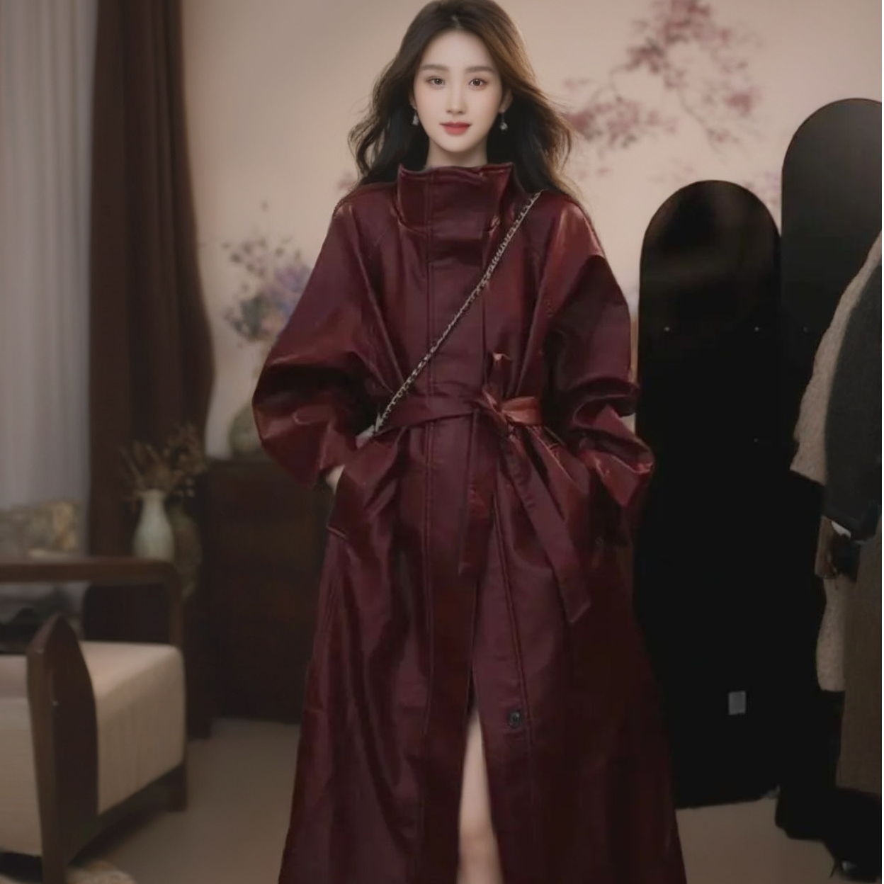 4455秋冬季新款皮衣女长款气质外套显瘦时尚复古洋气风衣大衣