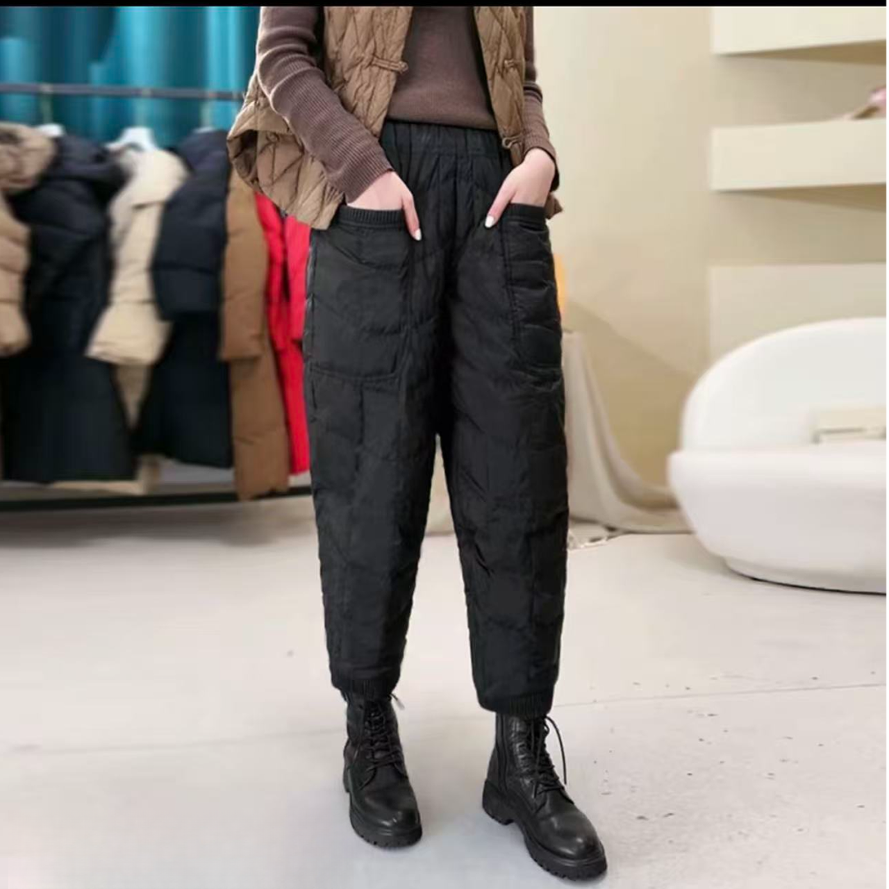 2025款高腰拼接哈伦裤灯笼裤棉裤厚款微弹加绒加厚款束脚裤保暖