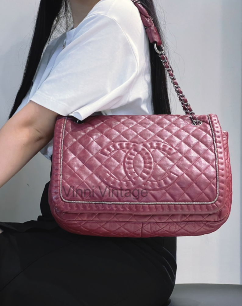 95新 Chanel/香奈儿 酒红色翻盖麻花大号机场包 底长31 15开