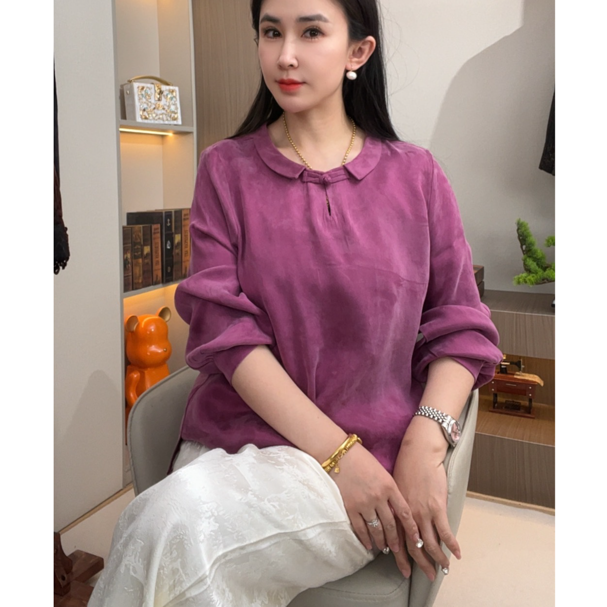 紫【紫菱】中式改良挂霜设计师老料砂洗气质百搭小衫 