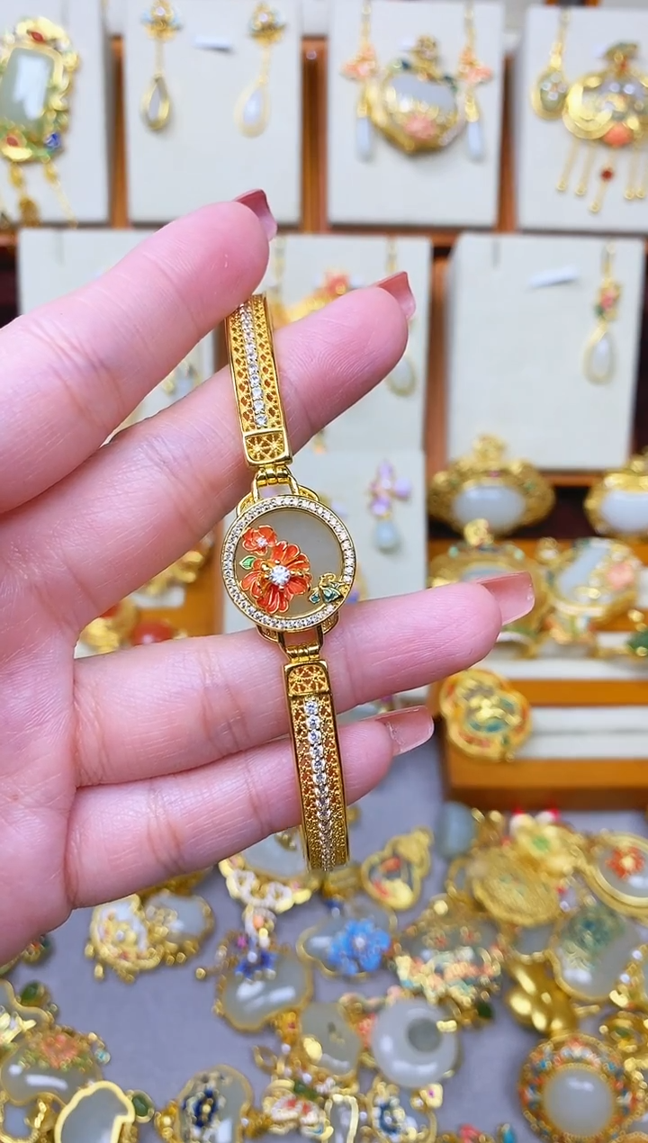 银S925镀金镶嵌手链和田玉1
