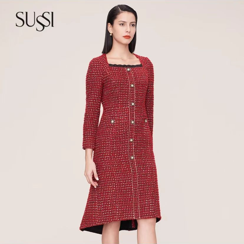 【双十二王炸】SUSSI/古色冬季商场同款轻奢红格子船型领连衣裙