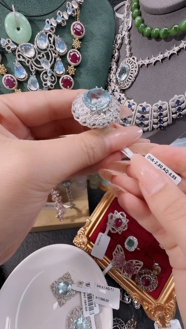 银S925镶嵌戒圈海蓝宝石戒指