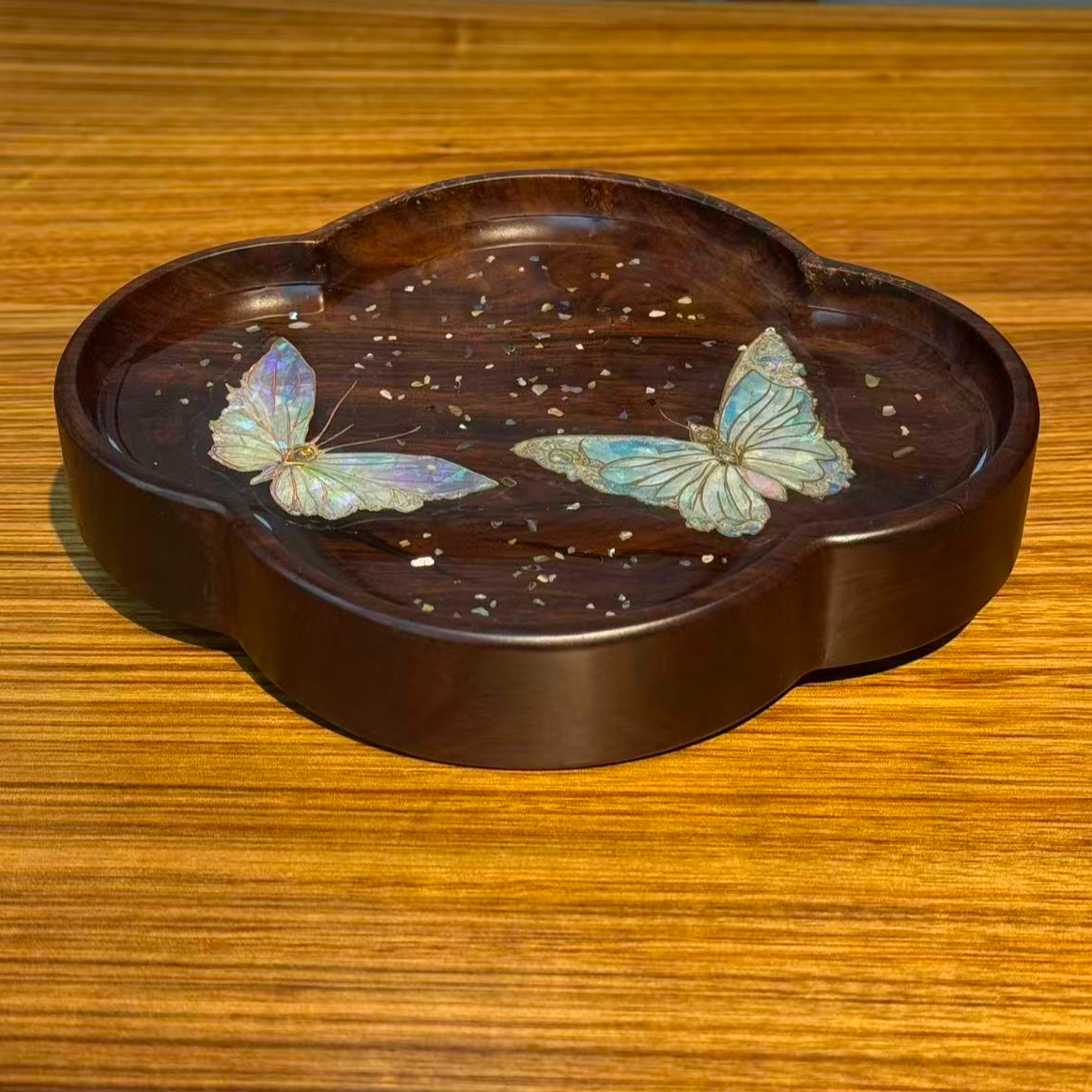 龙福木艺 黑檀木海棠螺钿壶承 18.15.2cm