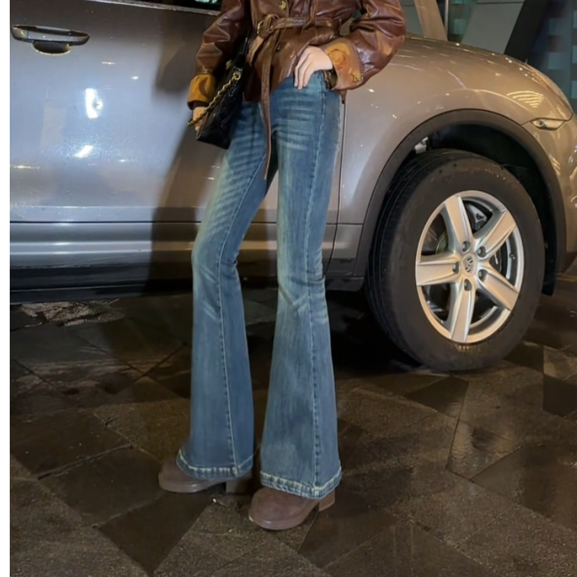 EF/意爱芙秋冬微弹磨白水洗牛仔裤显瘦微喇叭裤子高腰微喇KN10105