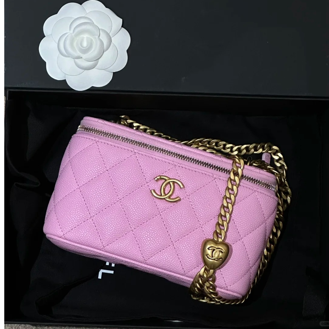 99新 Chanel/香奈儿 小花Jerry23P 长盒子化妆包 带镜子 粉色爱心
