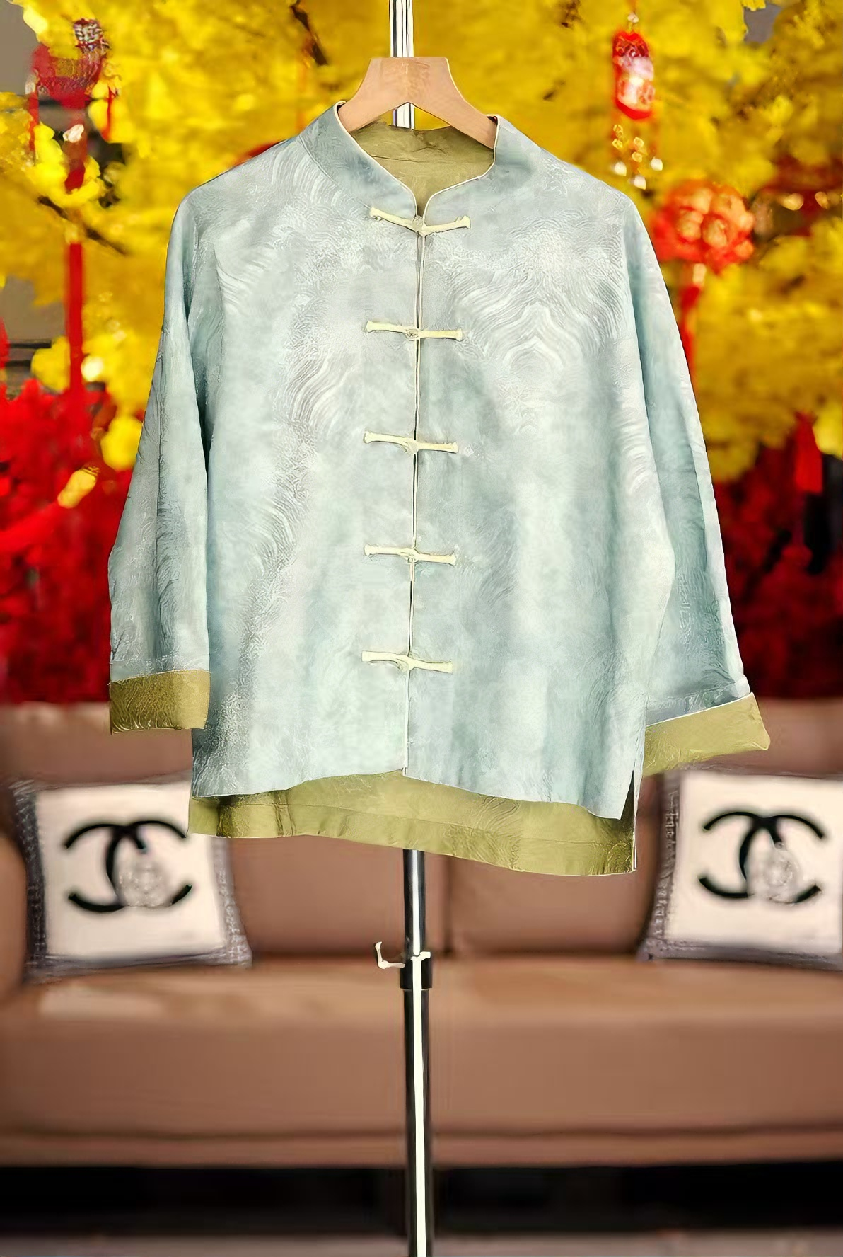 薄款上衣绿色立领新中式短外套夏季设计师春季宽松型5901