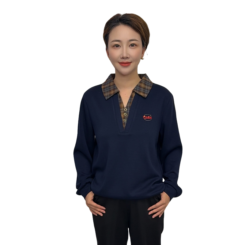 中老年女装秋冬常规袖修身型翻领绣花百搭衬衫拼色打底假衬衫领