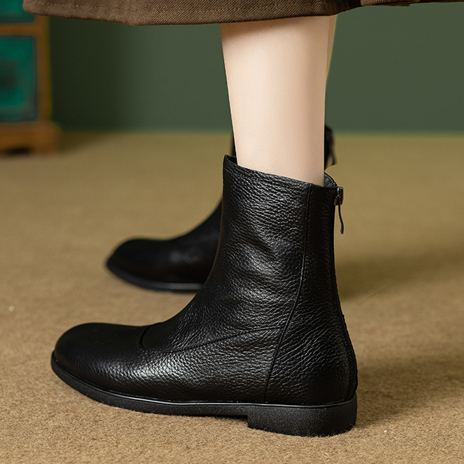 头层牛皮短靴女士妈妈时尚平底后拉链秋冬加绒软底舒适马丁靴单靴