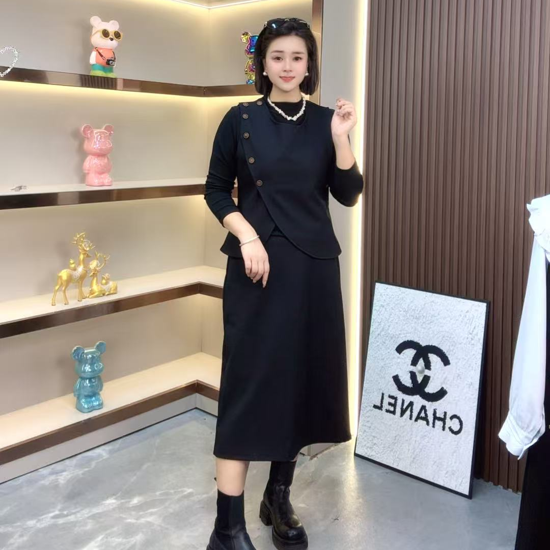 休闲风时尚套装连衣裙气质针织百搭套装打底圆领修身秋冬长袖