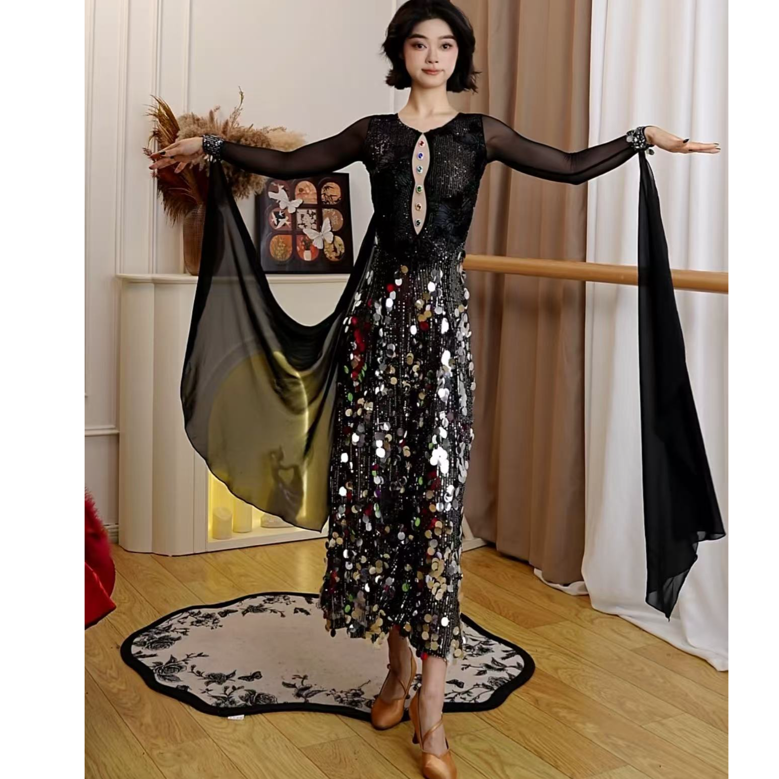 薇拉舞服爆闪亮片浮雕工艺显瘦连体裤国标舞摩登舞演出服LT-0161