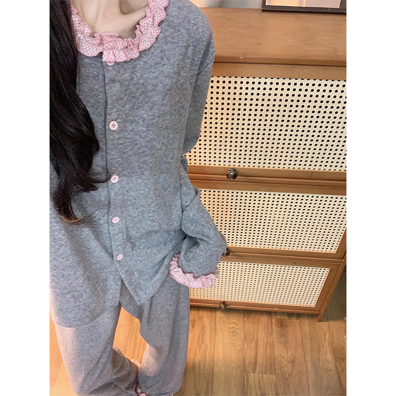 韩系荷叶花边格子德绒睡衣早春女2025新款加绒加厚保暖家居服套装