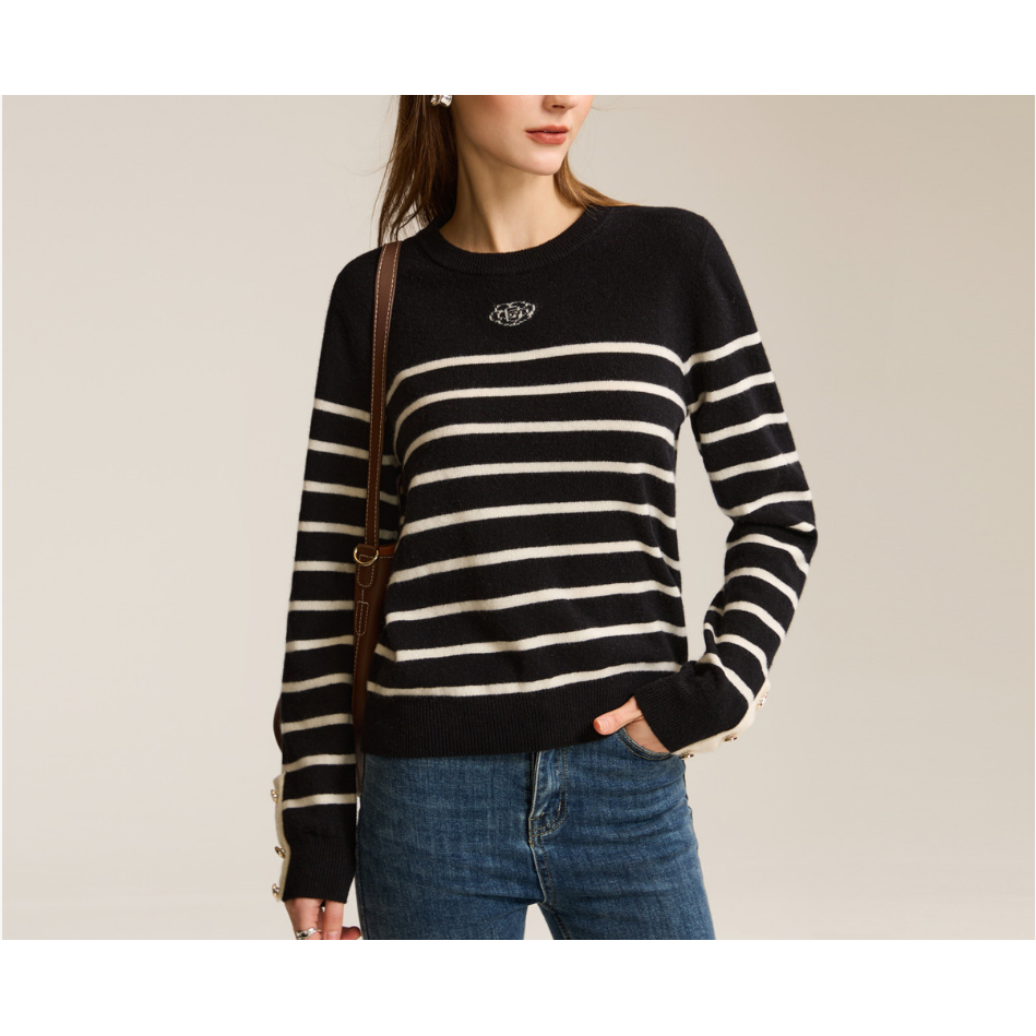 【100%绵羊毛】条纹撞色山茶花提花圆领套头女羊毛衫25DZC0023