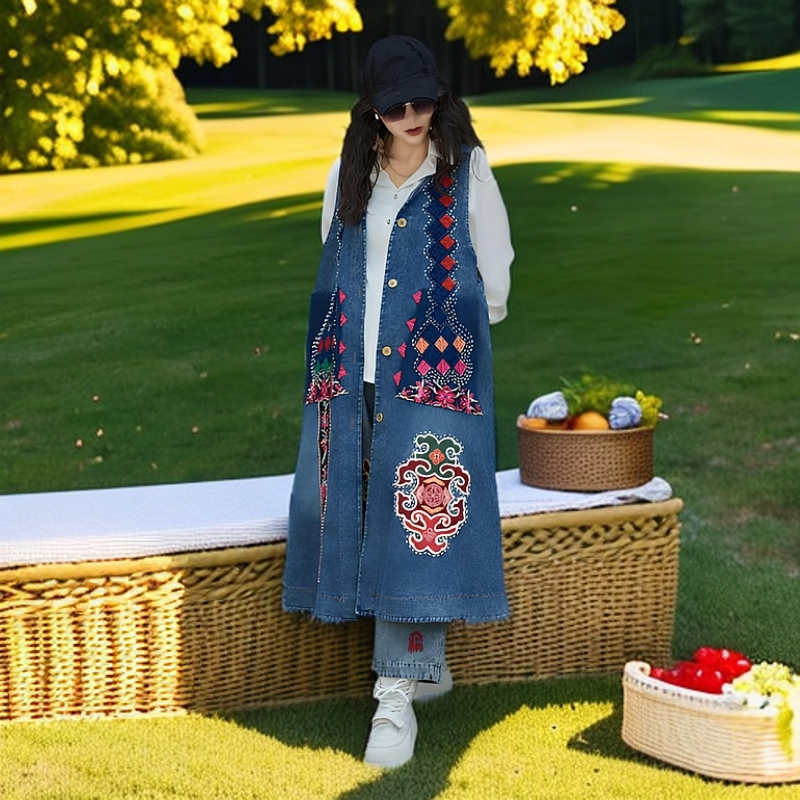 【诗舟】煜品秀原创手工缝绣花百搭显瘦长款马甲复古宽松民族风时尚