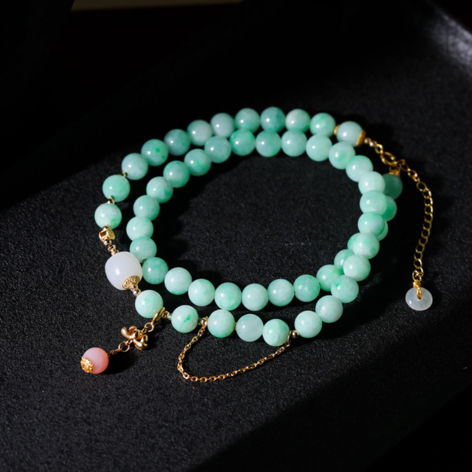 【意婵】《书瑶》高品缅A阳绿翡翠双圈手链羊脂玉粉欧泊18K金-911050