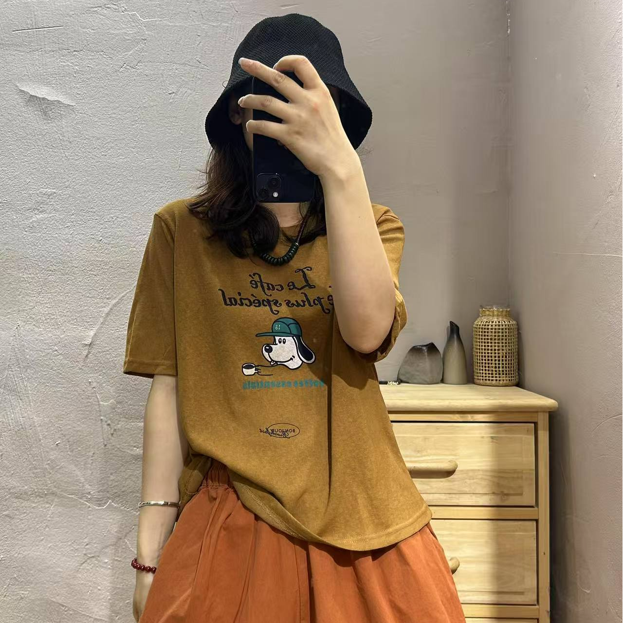 【半奏】竹节亚麻字母卡通印花宽松短袖T恤显瘦时尚